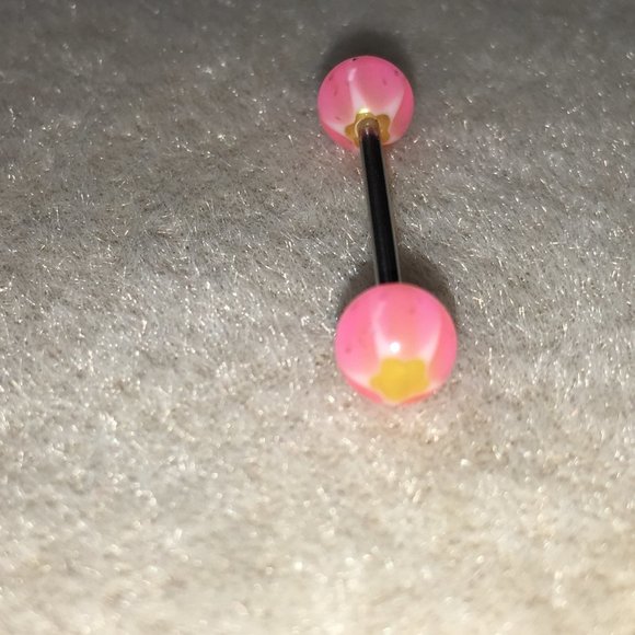 14 Gauge Pink, Orange, and White Glitter Star Design Tongue Ring - Picture 3 of 4